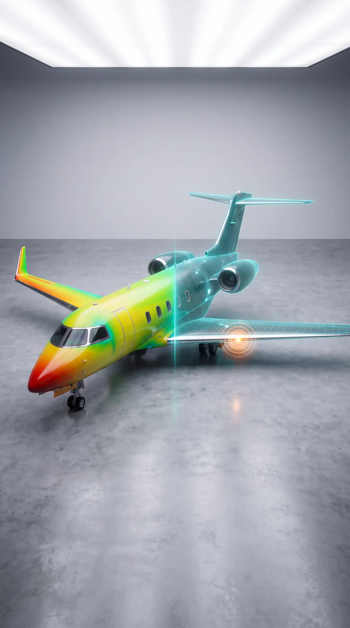 Aircraft shown with structural mesh and pressure mapping