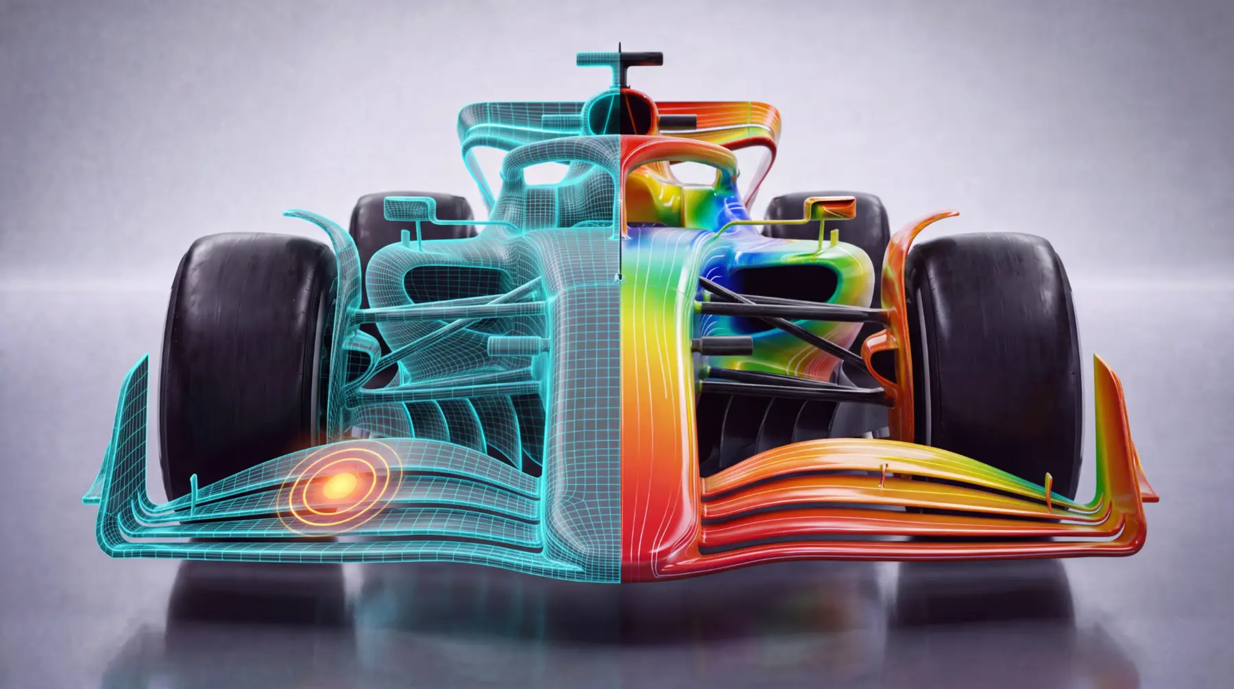 Formula race car shown as a digital mesh and structural pressure map